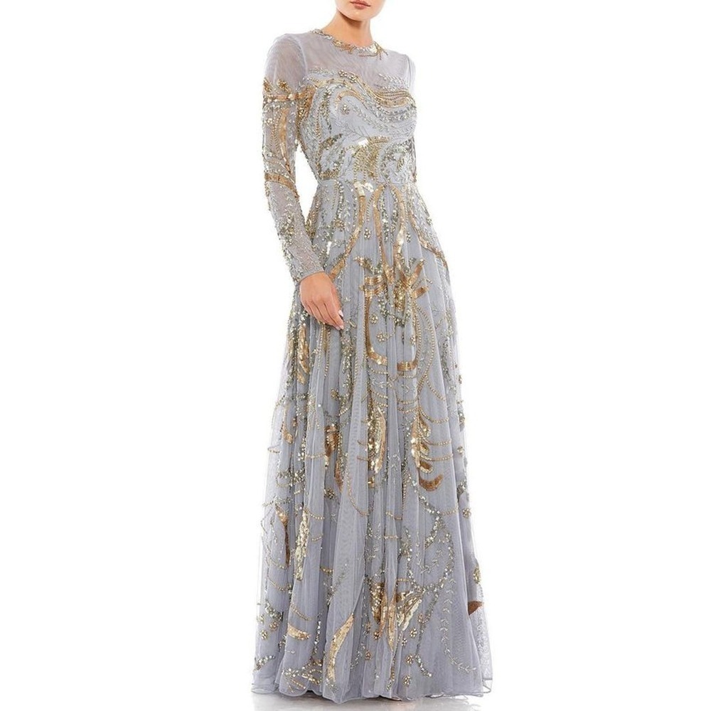 Mac Duggal Long Sleeve A-Line Crew Neck Lined Beaded Gown Size 16 NWOT